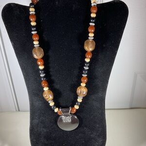 Reversible Brown and Black Earth tone Beaded Pendant Necklace Etching